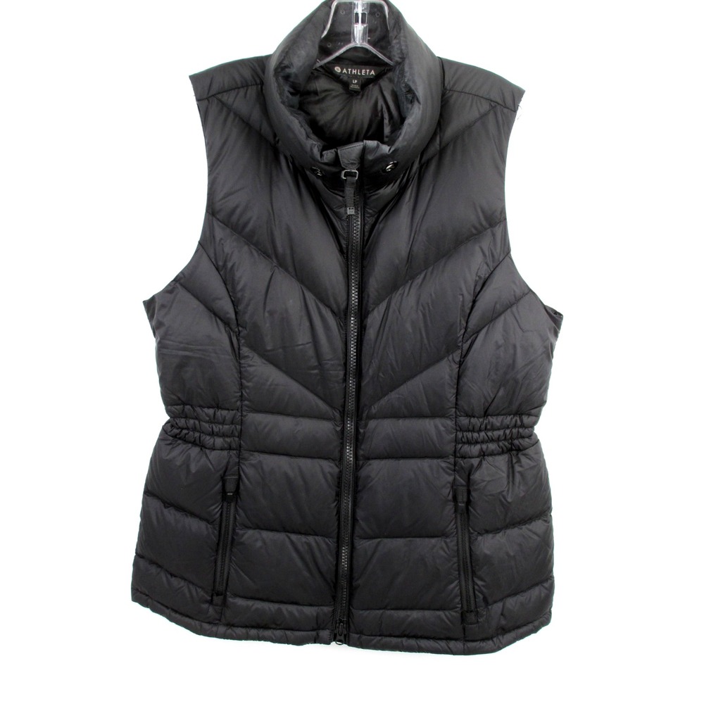 Athleta Black Goose Down Puffer Vest Women Large Petite Quilted Full Zip LP